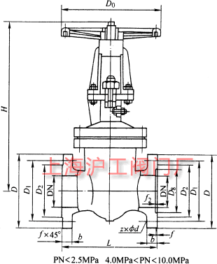 DKZ41H、DKZ41Y 型 PN10~PN100 钢制真空闸阀主要外形及结构尺寸示意图